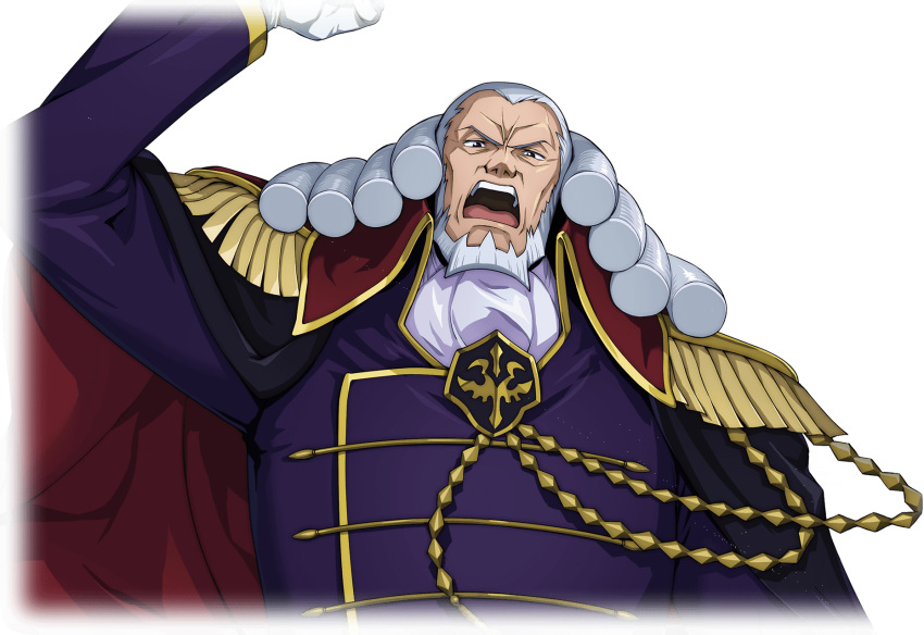 1boy arm_at_side arm_up artist_request ascot beard cape charles_zi_britannia clenched_hand code_geass code_geass:_lost_stories cropped_torso epaulettes facial_hair forehead full_beard furrowed_brow game_cg gloves grey_hair highres jacket long_hair looking_at_viewer male_focus military_uniform non-web_source official_art old old_man open_mouth purple_jacket red_cape shouting simple_background solo standing teeth tongue transparent_background uniform upper_body v-shaped_eyebrows violet_eyes white_ascot white_gloves