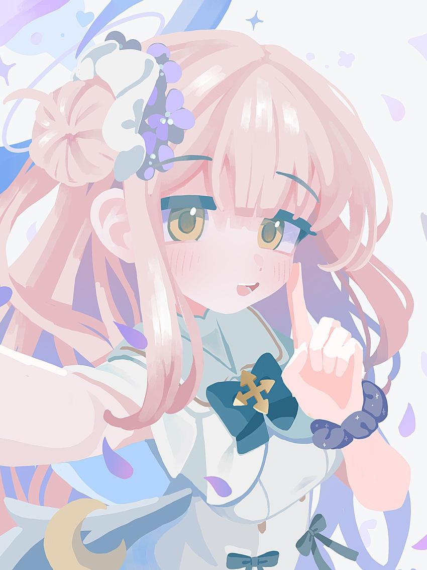 1girl :d arm_up black_scrunchie blue_archive blue_bow blue_bowtie blush bow bowtie capelet collared_dress commentary_request dress falling_petals flower hair_between_eyes hair_bun hair_flower hair_ornament halo hand_up heart highres index_finger_raised long_hair looking_at_viewer mika_(blue_archive) open_mouth outstretched_arm petals pink_hair purple_flower scrunchie selfie shirota_(petapeta84) sidelocks simple_background single_side_bun sleeveless sleeveless_dress smile solo sparkle teeth upper_body white_background white_capelet white_dress wrist_scrunchie yellow_eyes