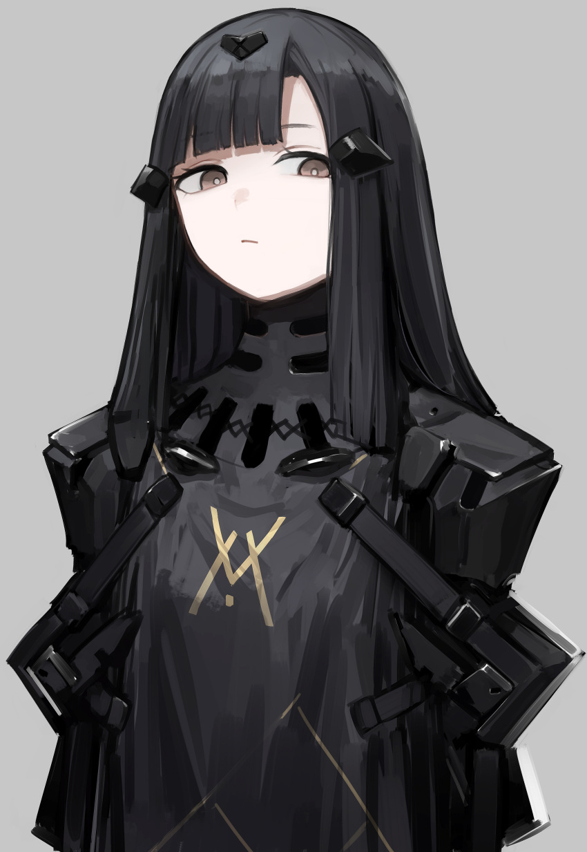 1girl absurdres black_dress black_hair breasts brown_eyes closed_mouth dress girls_frontline grey_background hair_ornament highres long_hair looking_down nyto_(girls'_frontline) paradeus rampart1028 simple_background small_breasts solo tagme upper_body