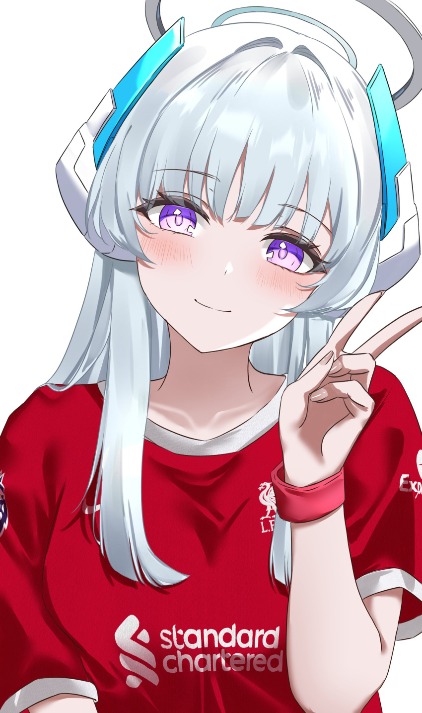 1girl absurdres blue_archive blush closed_mouth commentary grey_hair halo headphones highres liverpool_fc looking_at_viewer noa_(blue_archive) premier_league red_shirt shirt sidelocks solo upper_body v vayneeeee violet_eyes white_background
