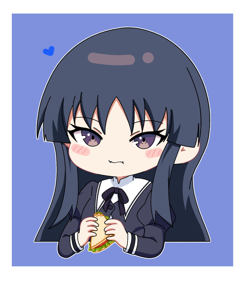 1girl :t assault_lily black_hair black_ribbon blue_background blush border buttons chibi closed_mouth commentary cropped_jacket eating food hands_up heart highres holding holding_food juliet_sleeves long_hair long_sleeves looking_at_viewer neck_ribbon outline puffy_sleeves ribbon sandwich school_uniform shirai_yuyu sidelocks simple_background solo symbol-only_commentary violet_eyes white_border white_outline yui_(yui1115_) yurigaoka_girls_academy_school_uniform