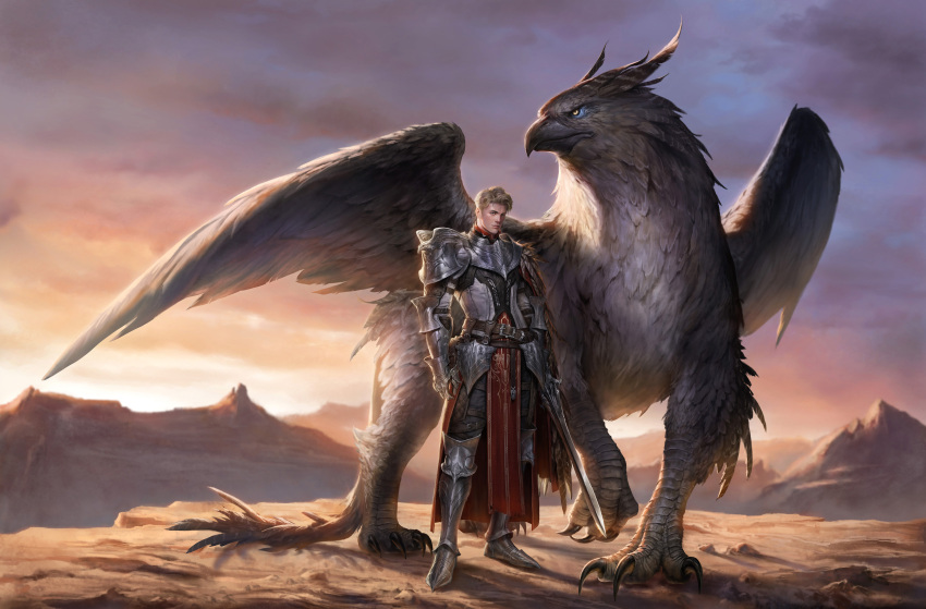 1boy absurdres armor beak belt blonde_hair brown_belt day feathered_wings griffin gwang-seop_han highres holding holding_sword holding_weapon knight looking_at_viewer original outdoors pauldrons short_hair shoulder_armor standing sword talons weapon wings