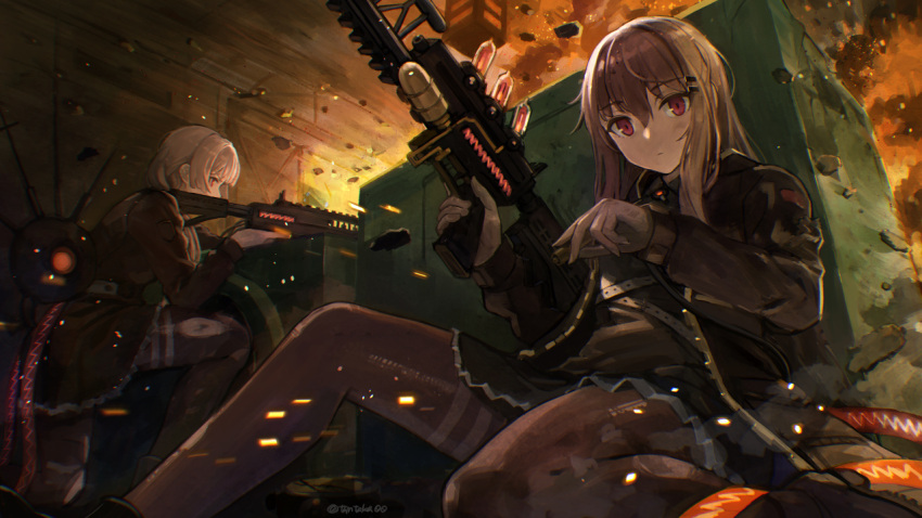 2girls battle belt brown_hair commission cover explosion expressionless fire gun hair_between_eyes hair_ornament hairclip holding holding_gun holding_weapon jacket laica_(marfusha) long_hair marfusha marfusha_(marfusha) multiple_girls pantyhose red_eyes rifle sitting skeb_commission tantaka weapon
