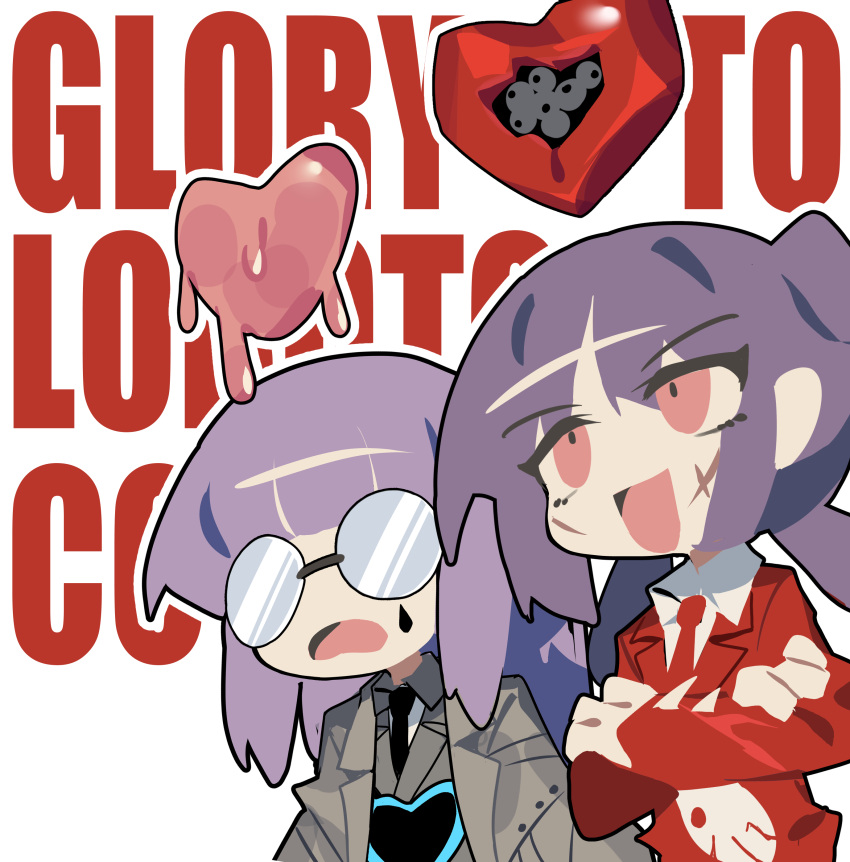 2girls absurdres black_necktie coat crossed_arms english_text ghost_(tama) glasses heart highres lobotomy_corporation medium_hair multiple_girls necktie open_mouth original project_moon purple_hair red_eyes red_necktie red_suit scar scar_on_face simple_background suit teardrop_tattoo white_background
