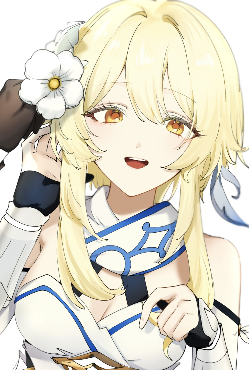 1girl aether_(genshin_impact) bare_shoulders black_gloves blonde_hair c_uino detached_sleeves double-parted_bangs dress flower genshin_impact gloves hair_between_eyes hair_flower hair_ornament hair_ribbon hand_in_another's_hair hand_in_own_hair highres long_sleeves looking_at_viewer lumine_(genshin_impact) open_mouth partially_fingerless_gloves pov pov_hands ribbon round_teeth scarf short_hair_with_long_locks teeth upper_body white_background white_dress yellow_eyes