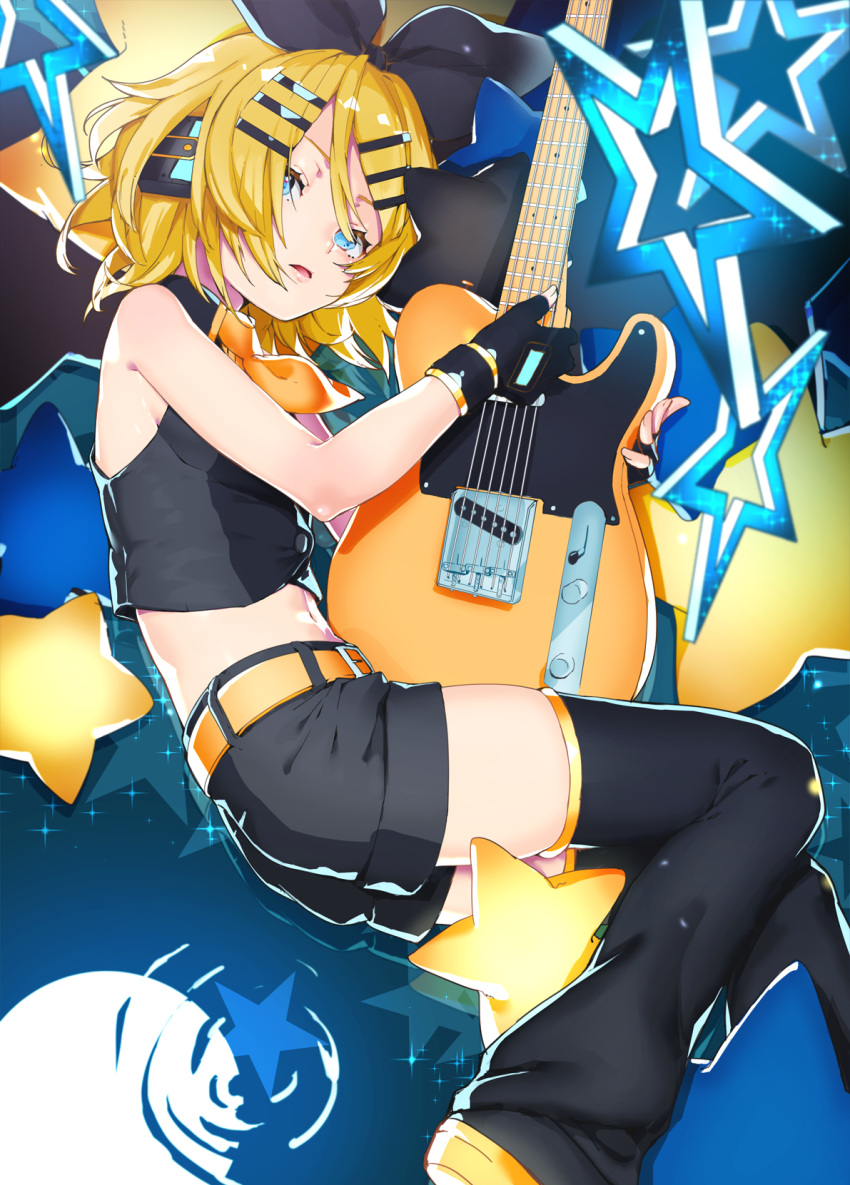 1girl bare_shoulders black_bow black_gloves black_leg_warmers black_shorts black_star_(module) blonde_hair blue_eyes bow crop_top electric_guitar fetal_position fingerless_gloves flat_chest full_moon gloves guitar hair_bow hair_ornament hair_over_face hairclip headphones headset highres holding holding_guitar holding_instrument hunched_over instrument kagamine_rin kodoku_no_hate_(vocaloid) leg_warmers looking_at_viewer lying midriff moon navel necktie on_side parted_lips project_diva_(series) reflection ripples sawashi_(ur-sawasi) short_hair short_necktie shorts sideways_glance skinny solo star_(symbol) vocaloid yellow_necktie
