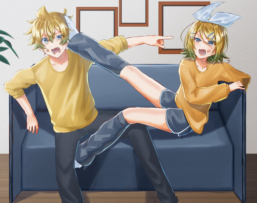 1boy 1girl ahoge anger_vein angry black_pants blue_eyes bow brother_and_sister couch dolphin_shorts fang foot_on_another's_face grey_leg_warmers grey_shorts hair_between_eyes hair_bow hair_ornament hairclip half-closed_eye highres kagamine0928 kagamine_len kagamine_rin kicking long_sleeves medium_hair orange_shirt pants picture_frame pointing pointing_at_another shirt short_hair shorts siblings sleeves_rolled_up spiky_hair twins vocaloid wavy_hair wavy_mouth white_bow wooden_floor yellow_shirt