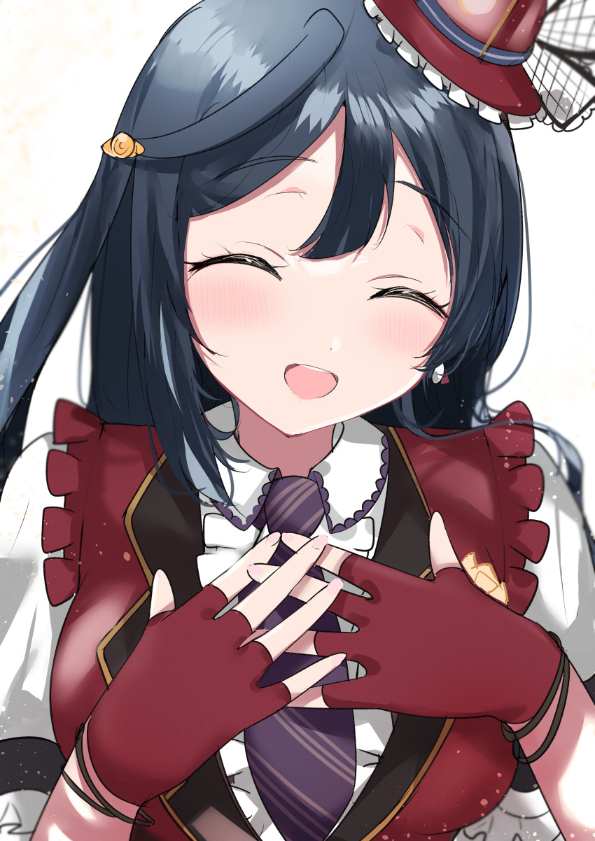 1girl absurdres black_hair blush chase!_(love_live!) closed_eyes collared_shirt commentary commentary_request facing_viewer fingerless_gloves gloves hat highres jacket long_hair love_live! love_live!_nijigasaki_high_school_idol_club mini_hat necktie one_side_up open_mouth purple_necktie red_gloves red_headwear red_jacket shirt short_sleeves sidelocks solo sunya_(honorin-yuunibo) tilted_headwear upper_body white_background white_shirt yuuki_setsuna_(love_live!)
