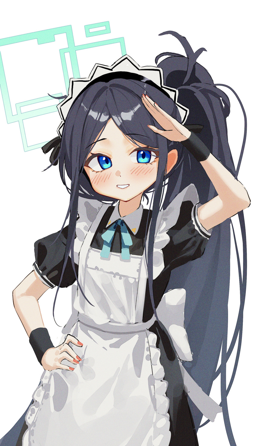absurdres alpha_beast apron aris_(blue_archive) aris_(maid)_(blue_archive) black_dress black_hair blue_archive blue_eyes blue_ribbon blush collared_dress dress frilled_apron frills green_halo halo hand_on_own_hip hand_up highres long_hair maid maid_apron maid_headdress nail_polish official_alternate_costume parted_bangs parted_lips puffy_short_sleeves puffy_sleeves red_nails ribbon salute short_sleeves side_ponytail simple_background square_halo teeth very_long_hair white_apron white_background wrist_cuffs