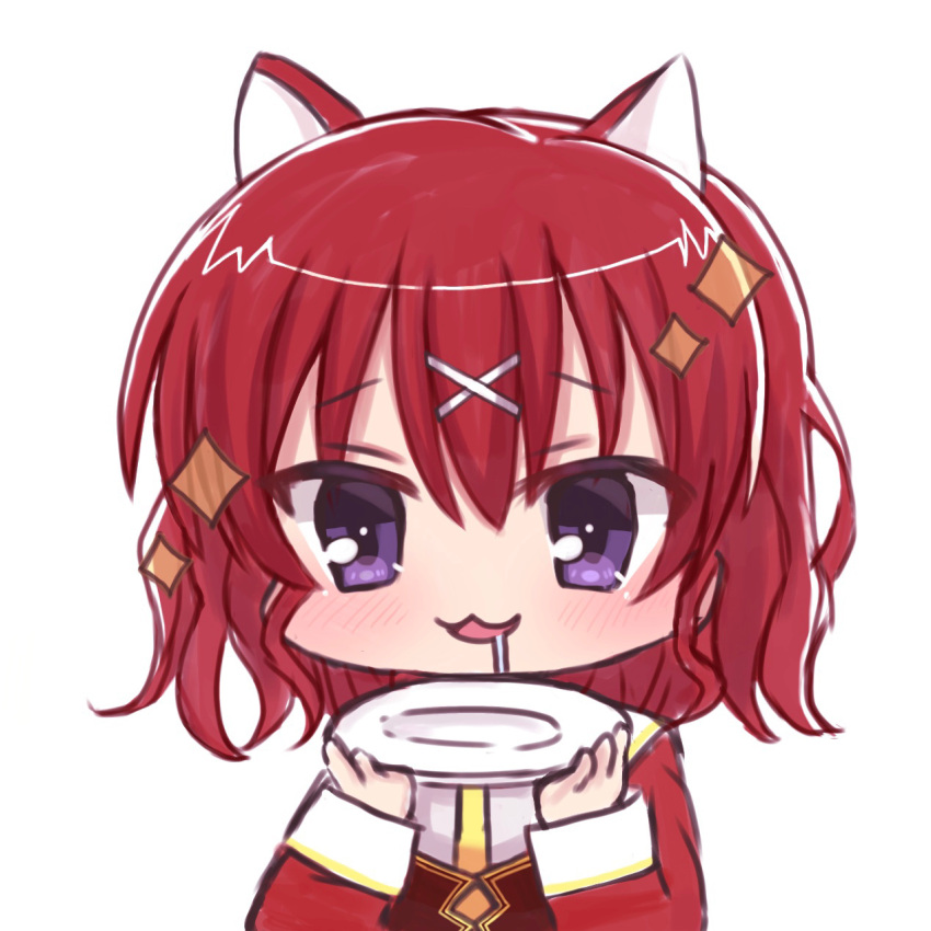 1girl :3 amairo_islenauts animal_ears blush chibi commentary drooling excited hair_between_eyes hair_ornament hands_up highres holding holding_plate hungry long_sleeves looking_at_viewer mahigu_re masaki_gaillard medium_hair mouth_drool open_mouth plate redhead school_uniform smile solo sparkle upper_body violet_eyes wolf_ears wolf_girl x_hair_ornament