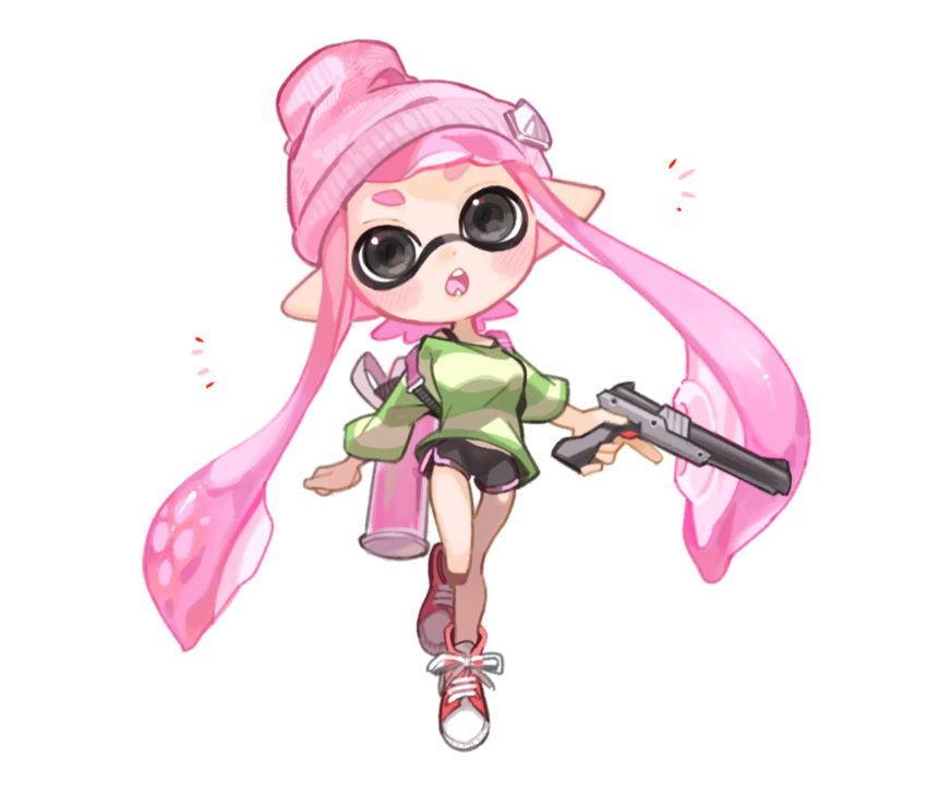 1girl beanie black_eyes black_shorts cross-laced_footwear full_body green_shirt gun hat highres holding holding_gun holding_weapon ink_tank_(splatoon) inkling_girl inkling_player_character long_hair n-zap_(splatoon) open_mouth pink_hair pink_headwear pink_trim pointy_ears red_footwear shirt shoes short_shorts shorts simple_background solo spl8ya splatoon_(series) splatoon_3 standing standing_on_one_leg teeth tentacle_hair weapon white_background