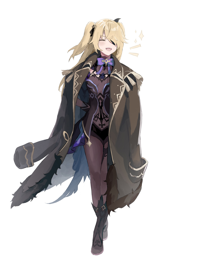 1girl :d absurdres ahchuh black_bodysuit black_footwear blonde_hair bodysuit boots bow bowtie coat coat_on_shoulders crossed_legs eyepatch fang fischl_(genshin_impact) full_body genshin_impact hair_over_one_eye hair_ribbon hand_on_own_hip highres long_hair open_mouth parted_bangs purple_bow ribbon simple_background smile solo sparkling_aura two_side_up watson_cross white_background