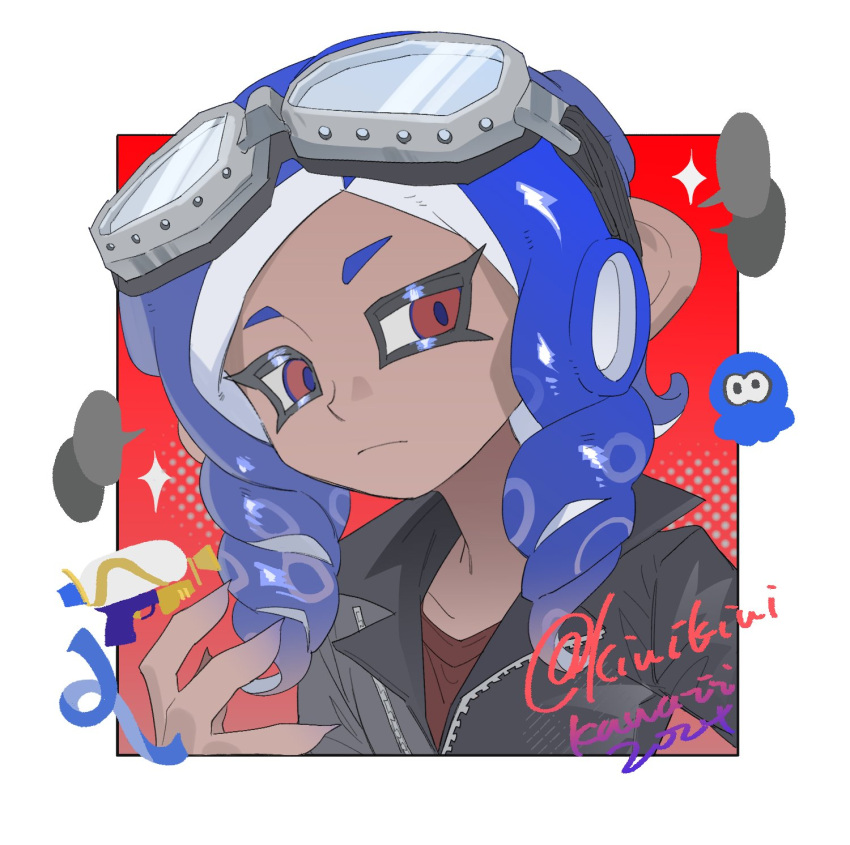 1boy artist_name black_jacket blue_hair border closed_mouth dark-skinned_male dark_skin goggles goggles_on_head highres jacket kiwi_splatoon long_hair male_focus octoling_boy octoling_player_character outside_border red_background red_eyes red_shirt shirt smile sparkle splatoon_(series) splatoon_3 splattershot_(splatoon) tentacle_hair upper_body white_border