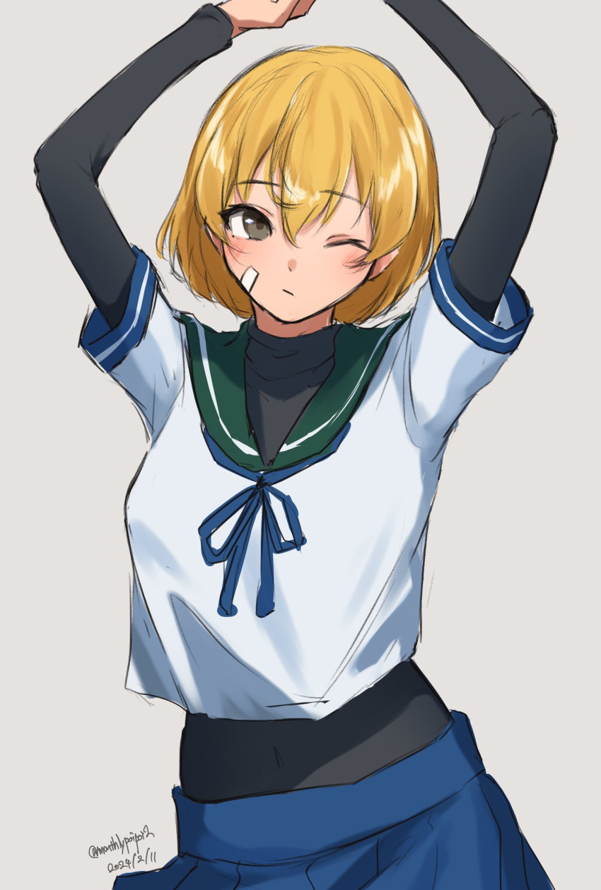 1girl arms_up bandaid bandaid_on_cheek bandaid_on_face black_bodysuit black_eyes blue_neckerchief blue_skirt blush bodysuit closed_mouth dated green_sailor_collar grey_background highres kantai_collection looking_at_viewer neckerchief oboro_(kancolle) one-hour_drawing_challenge one_eye_closed orange_hair sailor_collar school_uniform serafuku short_hair short_sleeves simple_background skirt solo twitter_username umibudou