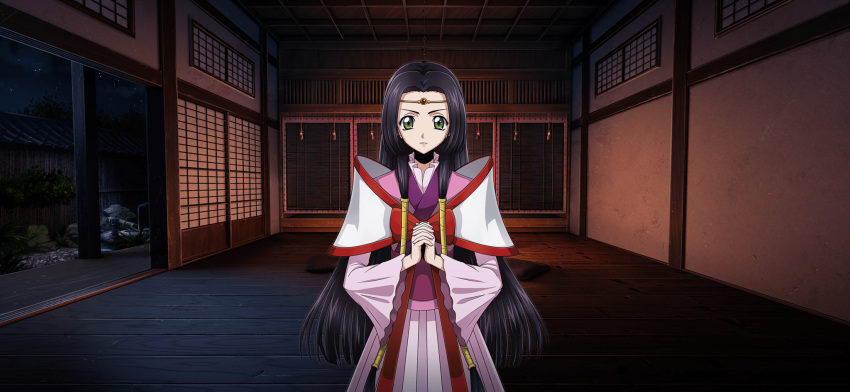 1girl architecture artist_request black_hair bow closed_mouth code_geass code_geass:_lost_stories cowboy_shot east_asian_architecture flat_chest game_cg gem green_eyes hair_intakes hair_tubes highres indoors interlocked_fingers japanese_clothes jewelry kimono long_hair long_sleeves looking_at_viewer night non-web_source obi official_art own_hands_clasped own_hands_together pink_kimono red_bow red_gemstone sash shishi_odoshi shouji sidelocks sliding_doors solo standing star_(sky) straight-on sumeragi_kaguya v-shaped_eyebrows very_long_hair wide_sleeves wooden_floor