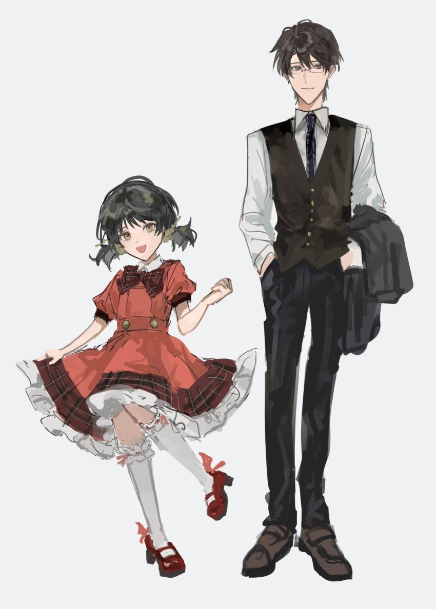 1boy 1girl ah-software ascot black_hair black_pants brown_eyes brown_footwear brown_hair collared_dress collared_shirt commentary_request dress frilled_socks frills glasses gureru_(r_grey1204) hair_bobbles hair_ornament highres hiyama_kiyoteru hiyama_kiyoteru_(vocaloid4) holding holding_clothes holding_jacket jacket kaai_yuki kaai_yuki_(vocaloid4) leg_up low_twintails mary_janes necktie open_mouth pants petticoat pigeon-toed plaid plaid_ascot plaid_necktie plaid_ribbon puffy_short_sleeves puffy_sleeves red_dress red_footwear ribbon ribbon-trimmed_socks shirt shoes short_hair short_sleeves short_twintails sleeveless_blazer smile socks teacher_and_student twintails unworn_jacket vocaloid white_socks