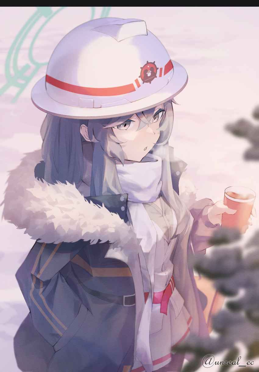 1girl black_coat black_pantyhose blue_archive coat cowboy_shot cup fur-trimmed_coat fur_trim green_halo grey_eyes grey_hair hair_between_eyes halo hard_hat helmet highres holding holding_cup long_hair long_sleeves minori_(blue_archive) open_clothes open_coat pantyhose parted_lips pleated_skirt scarf skirt solo twitter_username unreal_es white_headwear white_scarf white_skirt