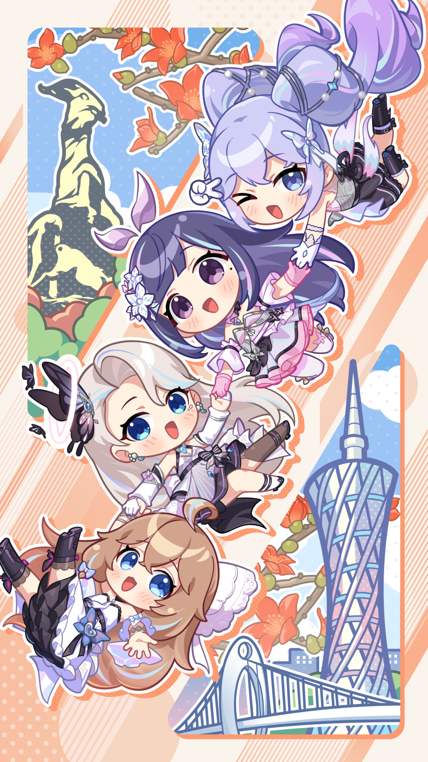 &gt;_o :d ;d a-soul absurdres ava_(a-soul) bella_(a-soul) black_footwear black_thighhighs blonde_hair blue_eyes blue_hair border brown_hair canton_tower chibi cotton_tree diana_(a-soul) dress eileen_(a-soul) five_ram_statue flower gloves guangzhou highres holding_hands idol_clothes long_hair official_art one_eye_closed orange_border pink_dress pink_gloves purple_hair red_flower single_thighhigh smile suspension_bridge thigh-highs twintails violet_eyes white_dress white_gloves