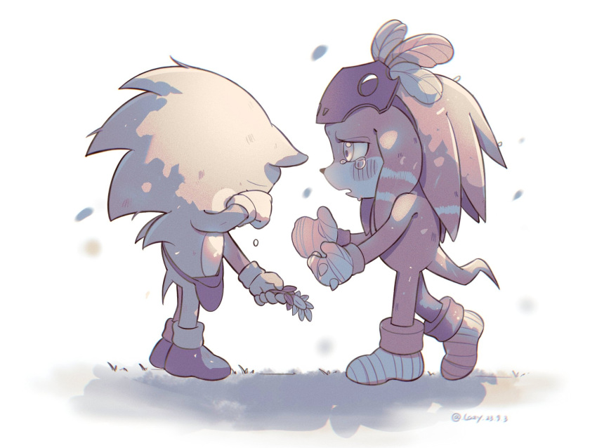 2boys animal_ears animal_nose artist_name bag bandaged_foot bandaged_hand bandages blue_fur blush child covering_own_eyes crying flower full_body furry furry_male gloves grass hand_up hands_up hedgehog hedgehog_ears hedgehog_tail highres holding holding_flower knuckles_the_echidna lazy_kun leaf looking_at_another male_focus mask mask_on_head multiple_boys open_mouth petals purple_bag purple_footwear purple_mask red_fur shadow shoes simple_background sneakers socks sonic_(series) sonic_the_hedgehog sonic_the_hedgehog_2_(film) spiked_gloves standing sunflower tail tears violet_eyes white_background white_gloves white_socks yellow_flower