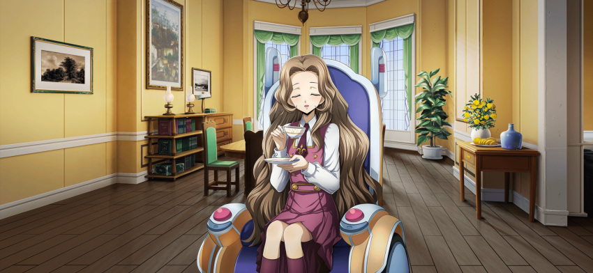1girl artist_request banana blush book bookshelf brown_hair buttons chair child closed_eyes code_geass code_geass:_lost_stories collared_shirt cup curtains day double-breasted dress drink facing_viewer flat_chest flower food forehead fruit game_cg hair_intakes hands_up happy highres holding holding_cup holding_drink holding_plate indoors kneehighs lamp light_blush long_hair long_sleeves looking_at_viewer necktie non-web_source nunnally_vi_britannia official_art on_chair open_mouth orange_(fruit) painting_(object) photo_(object) picture_frame pinafore_dress plant plate potted_plant purple_dress purple_necktie purple_socks rose saucer school_uniform shirt sidelocks sitting sleeveless sleeveless_dress smile socks solo table tea teacup u_u very_long_hair wheelchair white_shirt window wooden_floor yellow_flower yellow_rose
