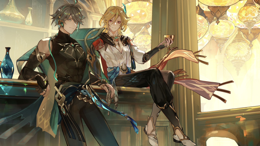2boys alhaitham_(genshin_impact) aryyue1 black_pants black_shirt blonde_hair bridal_gauntlets closed_mouth cup feather_hair_ornament feathers genshin_impact green_eyes grey_hair hair_between_eyes hair_ornament highres holding holding_cup kaveh_(genshin_impact) male_focus multiple_boys on_table pants red_eyes shirt shoes short_hair sitting table white_shirt