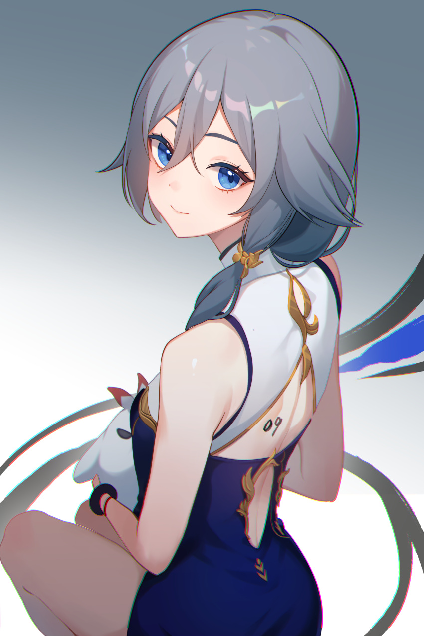 1girl absurdres back_cutout blue_dress blue_eyes blue_hair china_dress chinese_clothes clothing_cutout dress eyeliner fu_hua fu_hua_(blue_swallow) fu_hua_(valkyrie_accipiter) grey_hair hair_between_eyes highres honkai_(series) honkai_impact_3rd huang_tie_lin jingwei_(bird) light_smile long_hair looking_at_viewer low-tied_long_hair low_ponytail makeup official_alternate_costume ponytail red_eyeliner sitting sleeveless solo thighs