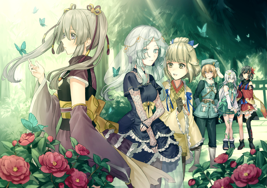 6+girls aoba_chika arms_behind_back black_hair blonde_hair blue_butterfly blue_dress blue_eyes blue_hair blunt_bangs breasts brown_eyes brown_hair bug bush butterfly commentary_request crossed_arms detached_sleeves dress flower frilled_dress frills group_picture hair_between_eyes hair_flower hair_ornament hand_on_own_arm hand_up highres hiroe_chiharu japanese_clothes kimono leaf long_hair long_sleeves looking_at_another looking_at_viewer magia_record:_mahou_shoujo_madoka_magica_gaiden magical_girl mahou_shoujo_madoka_magica medium_breasts miniskirt miura_asahi mole mole_under_eye multiple_girls natsu_ryoko open_mouth orange_hair outdoors own_hands_together parted_bangs pink_flower purple_kimono red_kimono scarf short_hair sidelocks skirt smile standing sunlight toki_sunao tokime_shizuka torii tree twintails veil very_long_hair violet_eyes white_hair wide_sleeves yellow_kimono yukishiro_(hitsuji)