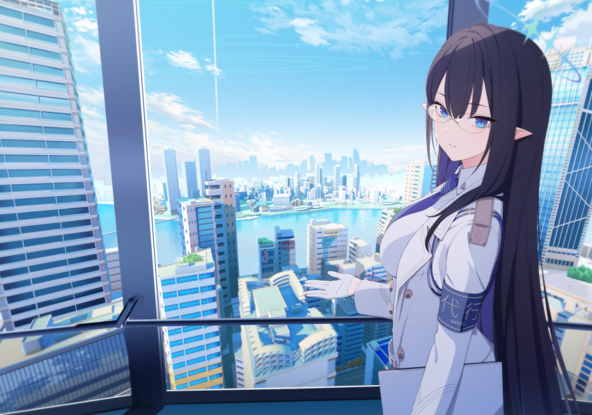 1girl armband asymmetrical_sidelocks black_hair blue_archive blue_armband blue_eyeliner blue_eyes blue_halo blue_necktie blue_sky building city cityscape clouds coat cowboy_shot eyeliner from_side game_cg glasses gloves hair_between_eyes halo handrail highres landscape long_hair long_sleeves looking_at_viewer looking_to_the_side makeup necktie non-web_source official_art outstretched_hand parted_lips pointy_ears rimless_eyewear rin_(blue_archive) river sky skyline skyscraper slit_pupils solo very_long_hair white_coat white_gloves window