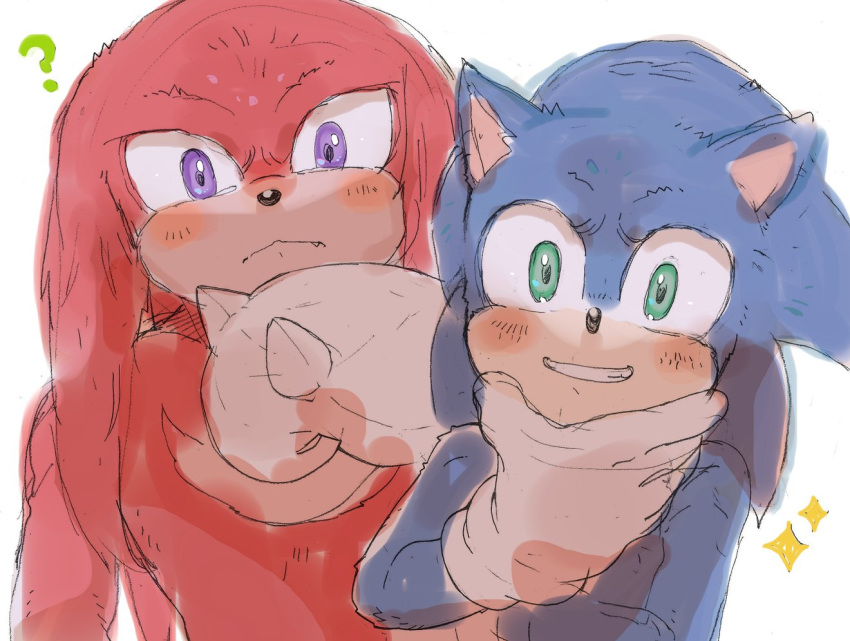 2boys ? animal_ears animal_nose blue_fur blush closed_mouth english_commentary furry furry_male gloves green_eyes hand_on_own_face hand_up hedgehog hedgehog_ears knuckles_the_echidna looking_at_viewer male_focus multiple_boys red_fur simple_background sk_rokuro smile sonic_(series) sonic_the_hedgehog sonic_the_hedgehog_2_(film) sparkle spiked_gloves standing teeth violet_eyes white_background white_gloves