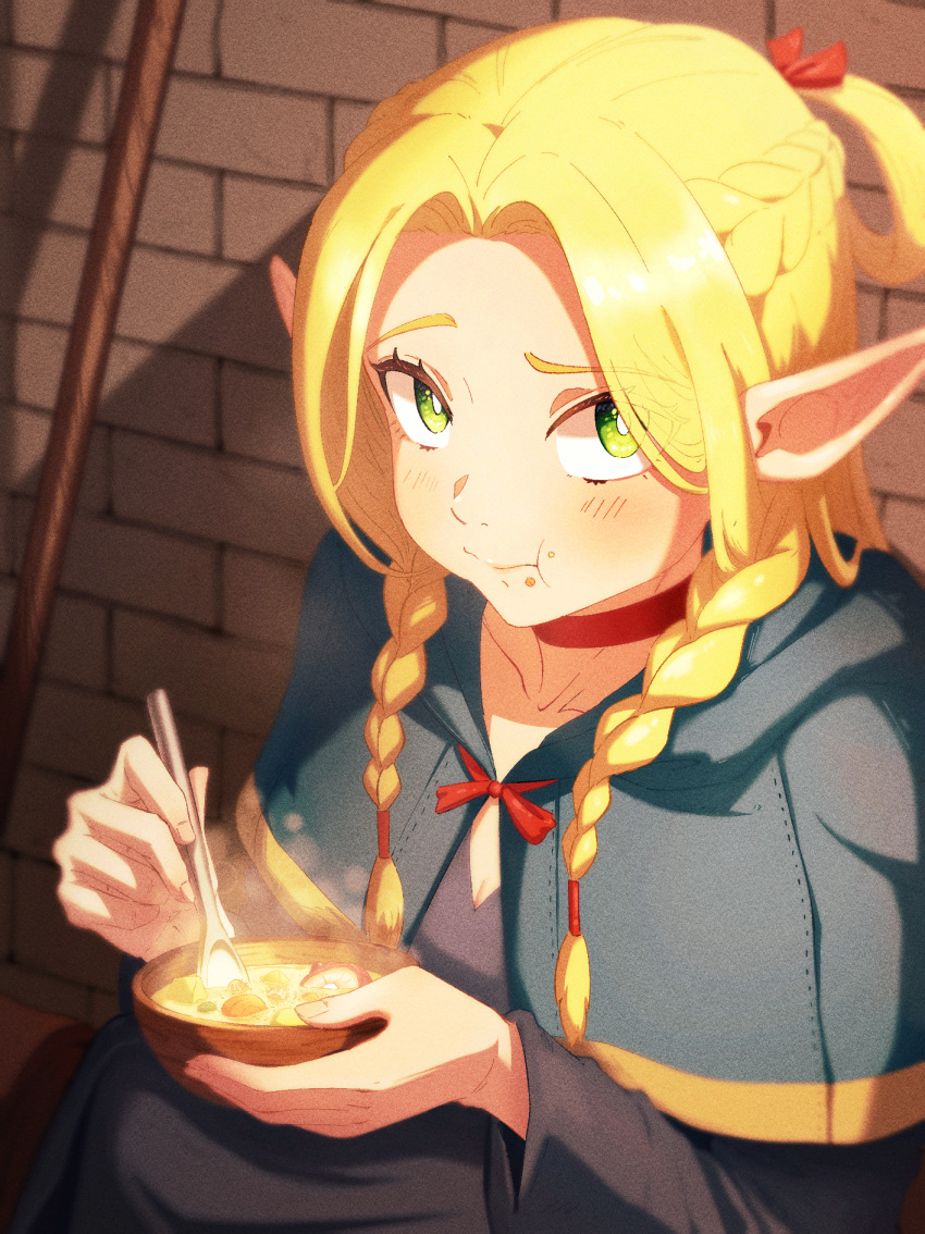 1girl blonde_hair blue_capelet blue_robe blush bowl braid brick_wall capelet choker commentary_request dungeon_meshi eating elf food food_on_face french_braid highres holding holding_bowl holding_spoon long_hair long_sleeves looking_at_viewer marcille_donato miine_1029 pointy_ears red_choker robe sitting solo soup spoon twin_braids upper_body