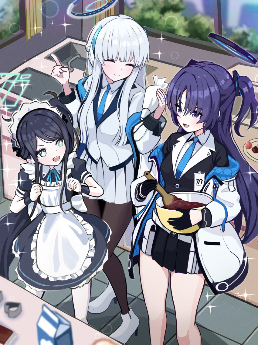 3girls absurdres apron aris_(blue_archive) aris_(maid)_(blue_archive) black_dress black_gloves black_hair black_skirt blue_archive blue_necktie closed_eyes closed_mouth collared_shirt dress gloves grey_hair half_gloves halo headphones highres indoors jacket long_hair long_sleeves looking_at_another maid_apron maid_headdress multiple_girls necktie noa_(blue_archive) open_mouth pleated_skirt purple_hair shirt short_sleeves sidelocks skirt smile sparkling_eyes standing thomason366 two-sided_fabric two-sided_jacket two_side_up upper_body very_long_hair violet_eyes white_apron white_footwear white_jacket white_shirt white_skirt yuuka_(blue_archive)