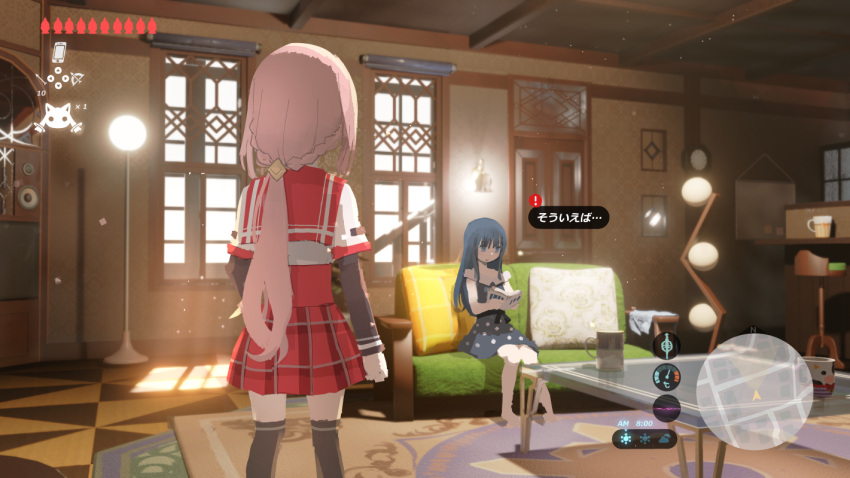 2girls black_dress black_sleeves black_thighhighs blue_eyes blue_hair book carpet chair commentary_request couch cup day door dress facing_away fake_screenshot from_behind gameplay_mechanics heads-up_display health_bar holding holding_book indoors kamihama_university_affiliated_school_uniform lamp layered_sleeves long_hair long_sleeves magia_record:_mahou_shoujo_madoka_magica_gaiden mahou_shoujo_madoka_magica mikazuki_villa_(magia_record) minimap mug multiple_girls nanami_yachiyo on_couch parody pillow pink_hair plaid plaid_skirt red_sailor_collar red_skirt sailor_collar samidare_(hoshi) school_uniform shirt short_over_long_sleeves short_sleeves sitting skirt soul_gem standing table tamaki_iroha the_legend_of_zelda the_legend_of_zelda:_breath_of_the_wild thigh-highs translation_request user_interface white_shirt window