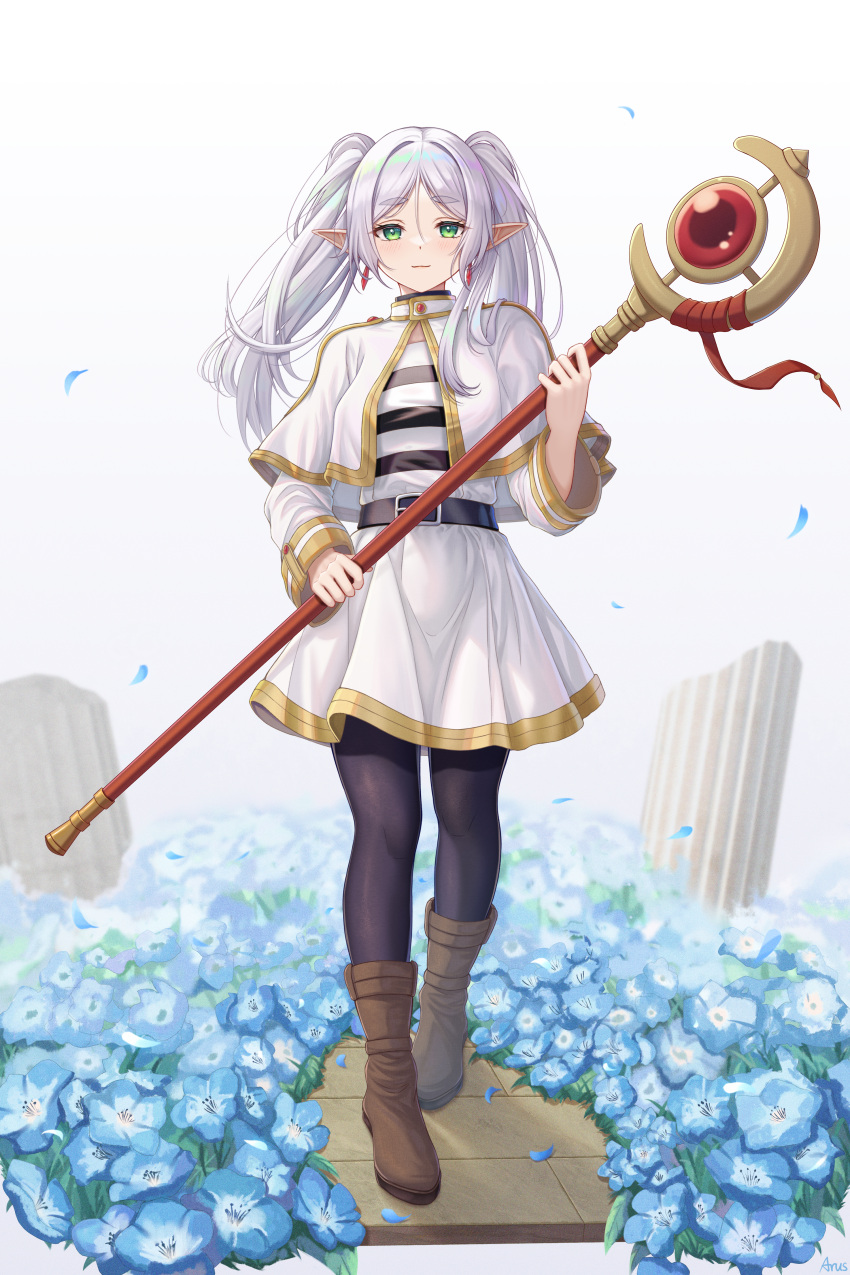1girl absurdres arus belt blue_flower boots capelet dangle_earrings earrings elf flower frieren gold_trim green_eyes highres jewelry light_smile long_hair looking_at_viewer mage_staff pantyhose pointy_ears shirt skirt solo sousou_no_frieren striped_clothes striped_shirt thick_eyebrows twintails white_capelet white_hair white_skirt