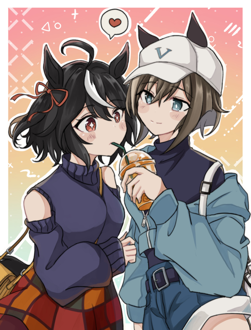 +_+ 2girls ahoge animal_ears bag baseball_cap belt between_breasts black_hair black_sweater blue_eyes blue_jacket blue_shorts bob_cut breasts bright_pupils brown_bag brown_hair casual cheval_grand_(umamusume) commentary_request commission detached_sleeves ear_ribbon handbag hat heart highres horse_ears horse_girl jacket kitasan_black_(umamusume) multicolored_hair multiple_girls official_alternate_costume plaid plaid_skirt red_eyes red_ribbon ribbon short_hair short_shorts shorts skeb_commission skirt spoken_heart strap_between_breasts streaked_hair sweater umamusume usako_(umauma0602) white_hair white_headwear
