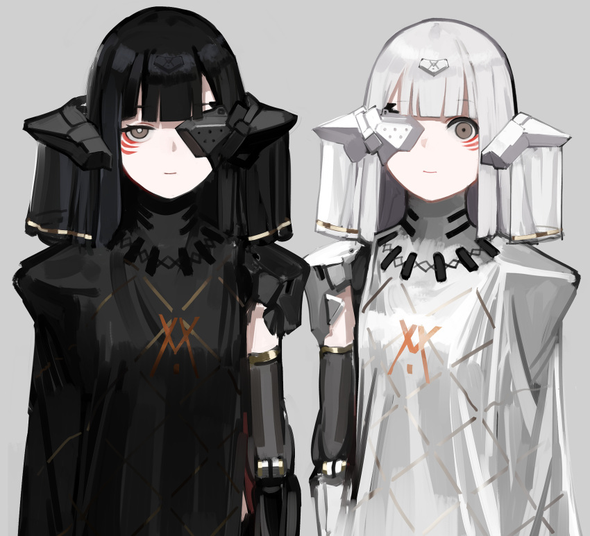 2girls adeline_(girls'_frontline) alina_(girls'_frontline) black_dress black_hair breasts brown_eyes closed_mouth dress facial_mark girls_frontline grey_background hair_ornament highres long_hair looking_at_viewer mechanical_arms medium_breasts multiple_girls nyto_(girls'_frontline) paradeus rampart1028 simple_background single_mechanical_arm upper_body white_dress white_hair