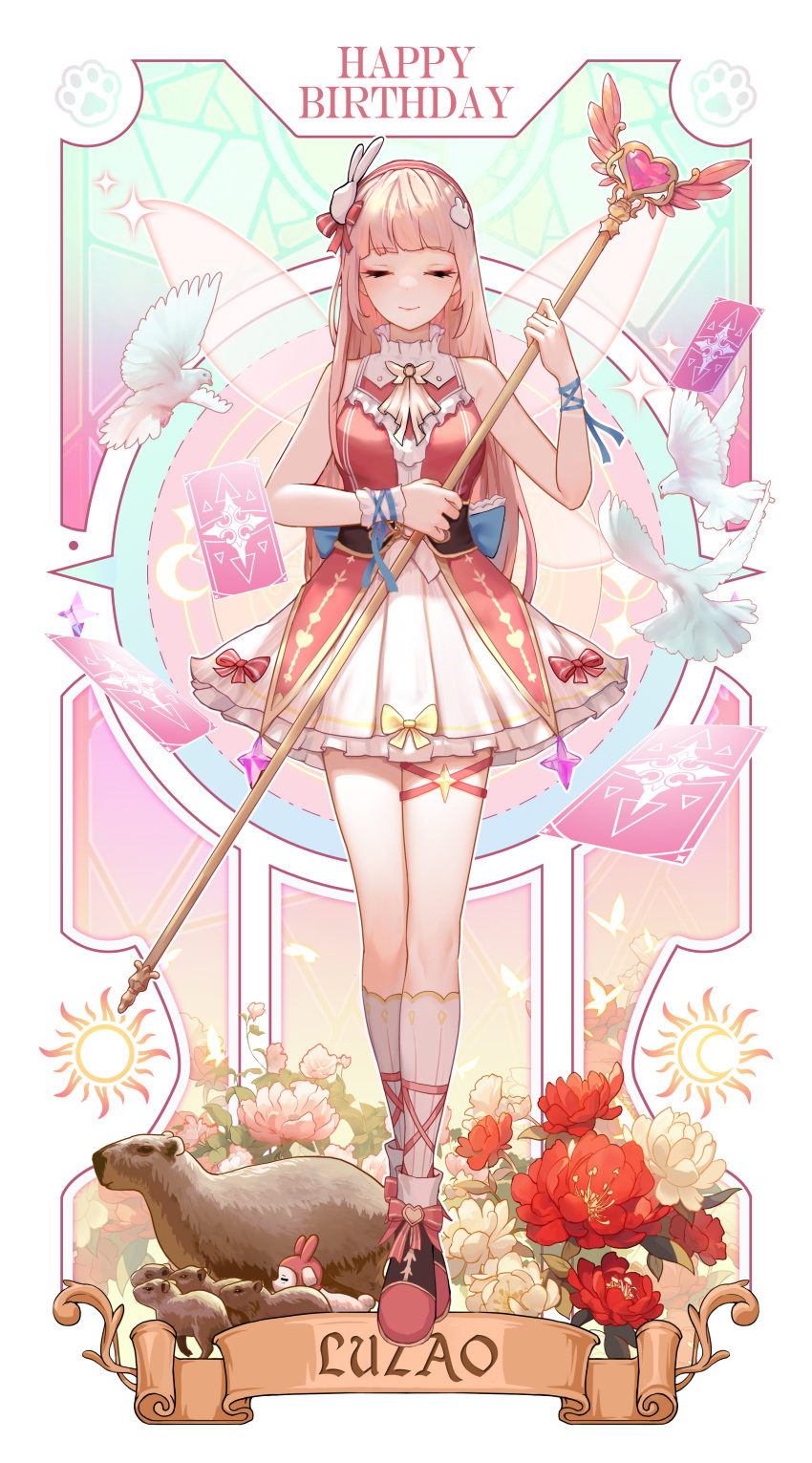 1girl absurdres ankle_ribbon bird blunt_bangs bow card character_name closed_eyes closed_mouth crossed_ankles dove eoe facing_viewer fairy_wings flower footwear_bow full_body hair_ornament hairband happy_birthday highres holding holding_staff kneehighs leg_ribbon long_hair luzao_(eoe) magical_girl miniskirt pink_background pink_bow pink_flower pink_footwear pink_hair pink_hairband pink_ribbon pink_shirt pink_wings rabbit_hair_ornament red_flower renjian_meihao_guanceji ribbon shirt skirt sleeveless sleeveless_shirt socks solo staff standing thigh_strap two-handed virtual_youtuber white_background white_bird white_skirt white_socks wings