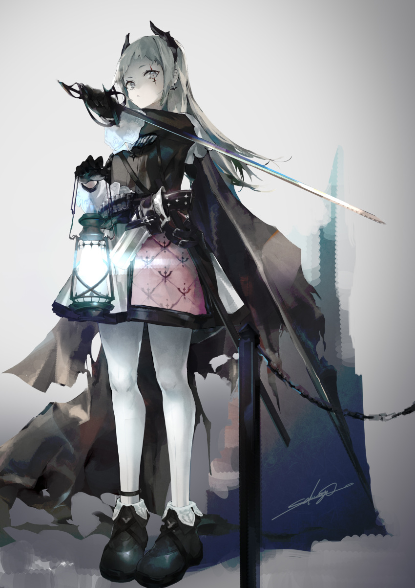 1girl absurdres arknights black_footwear black_gloves black_jacket commentary_request gloves grey_eyes grey_hair highres holding holding_lantern holding_sword holding_weapon irene_(arknights) jacket lantern long_hair long_sleeves looking_at_viewer pantyhose rapier sakusyo shoes signature solo sword very_long_hair weapon white_pantyhose