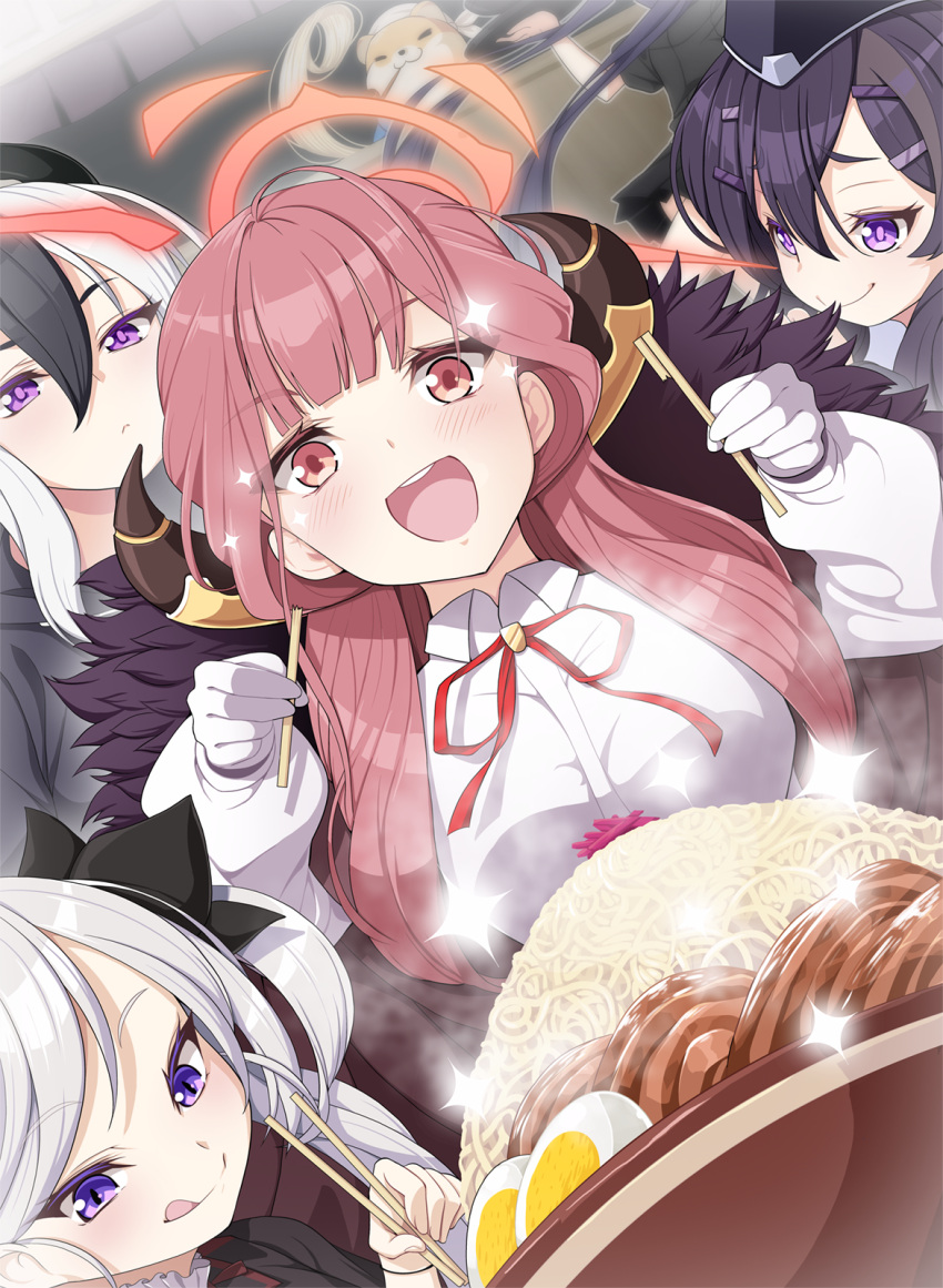1other 5girls aru_(blue_archive) black_hair blue_archive blush breasts brown_horns closed_mouth collared_shirt demon_horns food gloves grey_hair hair_between_eyes halo haruka_(blue_archive) highres horns kayoko_(blue_archive) koflif large_breasts long_hair long_sleeves multicolored_hair multiple_girls multiple_others mutsuki_(blue_archive) noodles open_mouth pink_hair pink_halo problem_solver_68_(blue_archive) purple_hair ramen red_ribbon ribbon serika_(blue_archive) shirt side_ponytail smile violet_eyes white_gloves white_shirt yellow_eyes