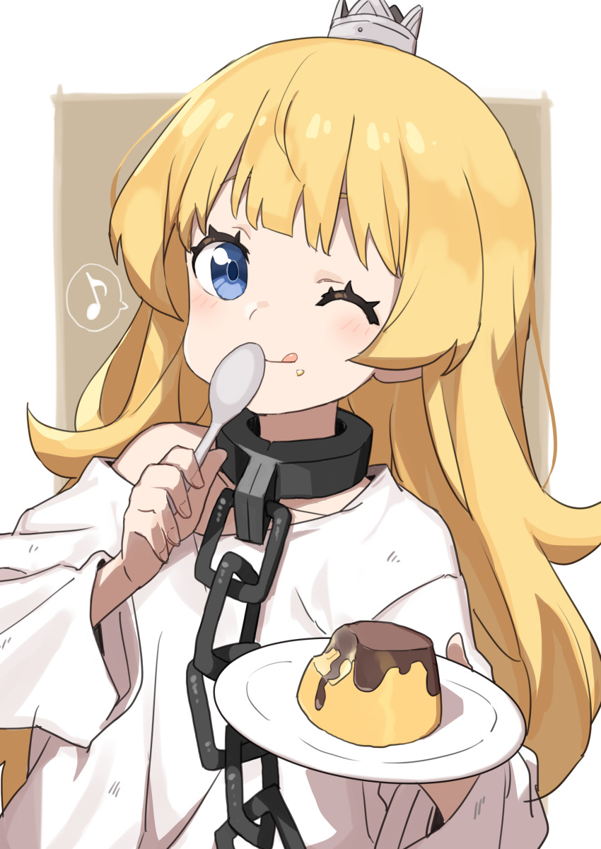1girl absurdres blonde_hair blue_eyes chain closed_mouth collar eating food gazacy_(dai) highres hime-sama_"goumon"_no_jikan_desu hime_(hime-sama_"goumon"_no_jikan_desu) holding holding_plate holding_spoon long_hair looking_back metal_collar one_eye_closed plate pudding shirt short_sleeves simple_background smile solo spoon standing tongue tongue_out white_background white_shirt