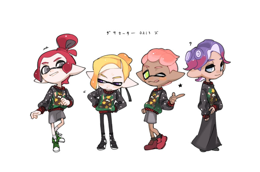 +++ 1girl 3boys :q ? black_skirt black_sweater blonde_hair blue_eyes closed_mouth cross-laced_footwear eyelashes full_body green_eyes green_footwear grey_eyes grey_shorts hands_on_own_hips inkling_boy inkling_player_character long_skirt multicolored_hair multiple_boys octoling_girl octoling_player_character one_eye_closed pink_hair pointy_ears print_sweater purple_hair redhead ringed_eyes shoes short_hair short_ponytail shorts simple_background skirt smile spl8ya splatoon_(series) standing star_(symbol) sweater teeth tentacle_hair thick_eyebrows tongue tongue_out translation_request two-tone_eyes two-tone_hair violet_eyes white_background yellow_eyes
