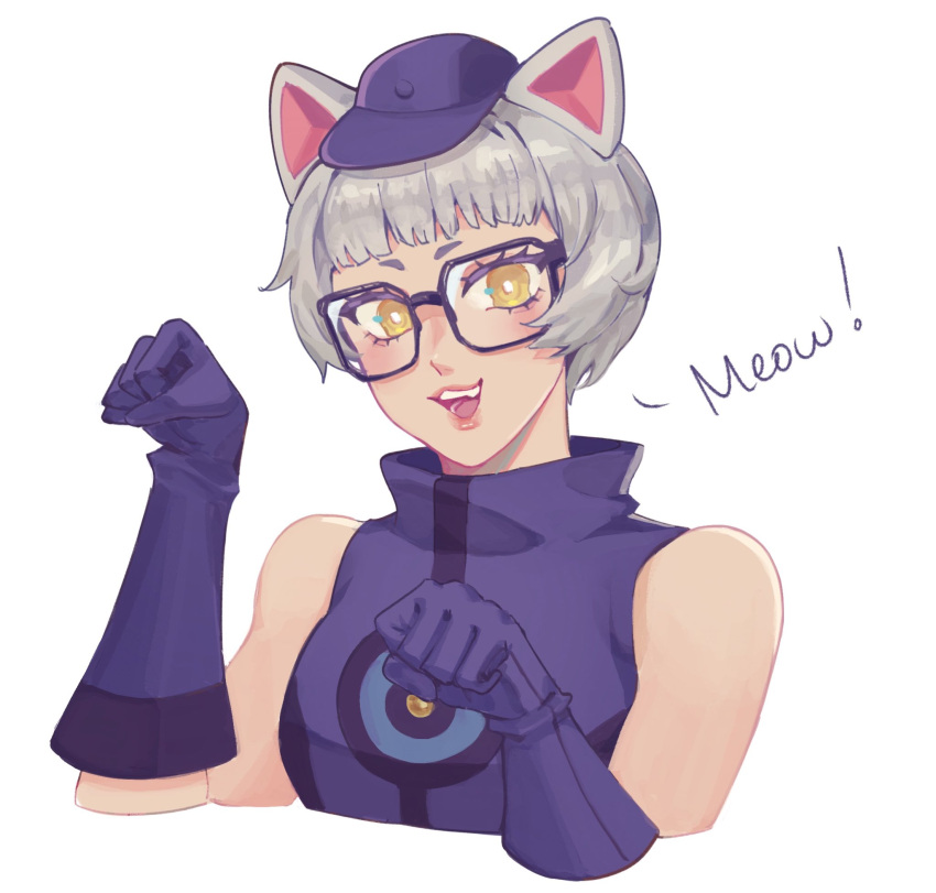 1girl animal_ears black-framed_eyewear blue_dress blue_gloves blue_headwear bright_pupils cat_ears commentary dress elizabeth_(persona) english_commentary eyelashes fake_animal_ears glasses gloves grey_hair hat highres jellyponzu looking_at_viewer open_mouth paw_pose persona persona_3 short_hair simple_background sleeveless sleeveless_dress smile solo teeth upper_body upper_teeth_only white_background white_pupils yellow_eyes