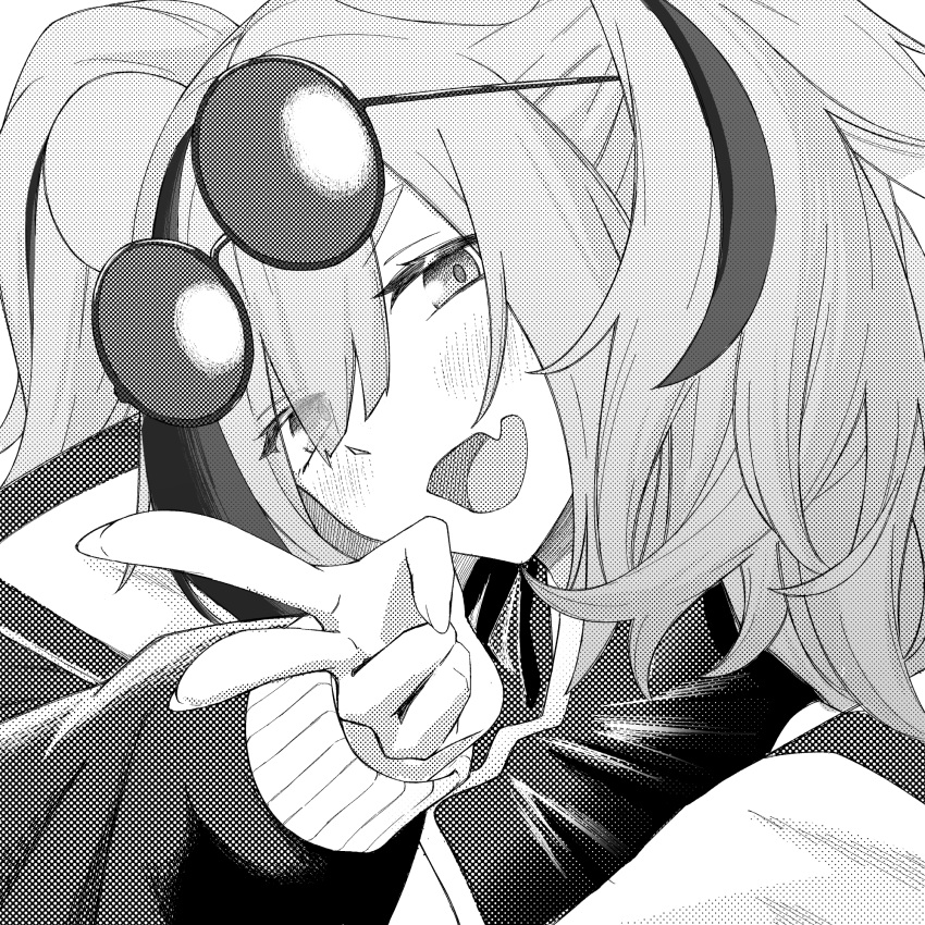 1girl arknights eyewear_on_head fang feater_(arknights) greyscale highres kyoro_(kyoroillust) looking_at_viewer monochrome open_mouth portrait round_eyewear skin_fang smile solo striped_hair two_side_up v