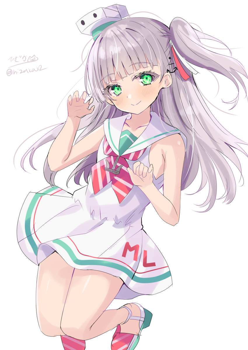 1girl absurdres anchor_hair_ornament anchor_necklace artist_logo blunt_bangs dress green_eyes grey_hair hair_ornament hat highres hizaka jewelry kantai_collection long_hair looking_at_viewer maestrale_(kancolle) mini_hat neckerchief necklace one-hour_drawing_challenge one_side_up sailor_dress simple_background sleeveless sleeveless_dress solo striped_neckerchief twitter_username white_background white_dress