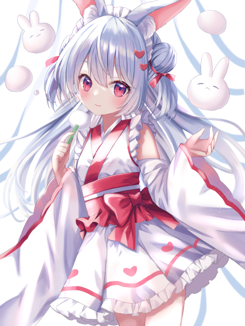 1girl absurdres animal_ears closed_mouth grey_hair heart heart_print highres holding japanese_clothes kimono loli long_hair maid original personification rabbit rabbit_ears red_eyes smile wa_maid white_background
