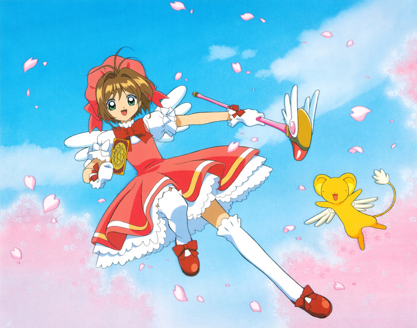 1girl absurdres bow brown_hair card cardcaptor_sakura child clouds cloudy_sky flying gloves green_eyes happy highres holding holding_card holding_wand kero kinomoto_sakura magical_girl official_art open_mouth pink_headwear red_bow red_footwear short_hair sky wand white_gloves wings