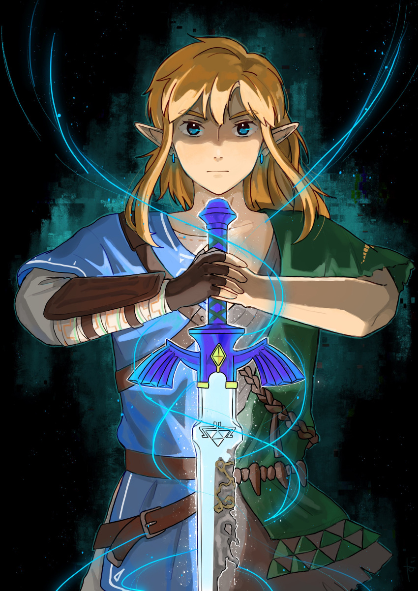 1boy absurdres archaic_set_(zelda) arm_guards arm_wrap asymmetrical_clothes aura belt black_gloves blonde_hair blue_tunic broken broken_sword broken_weapon champion's_tunic_(zelda) earrings fingerless_gloves floating_hair gloves glowing glowing_sword glowing_weapon green_tunic hands_up hashtag_only_commentary highres jewelry layered_sleeves link long_sleeves looking_at_viewer male_focus master_sword medium_hair multiple_belts pointy_ears rope rust short_over_long_sleeves short_sleeves sidelocks single_glove so_far_69 solo split_theme straight-on sword the_legend_of_zelda the_legend_of_zelda:_breath_of_the_wild upper_body weapon