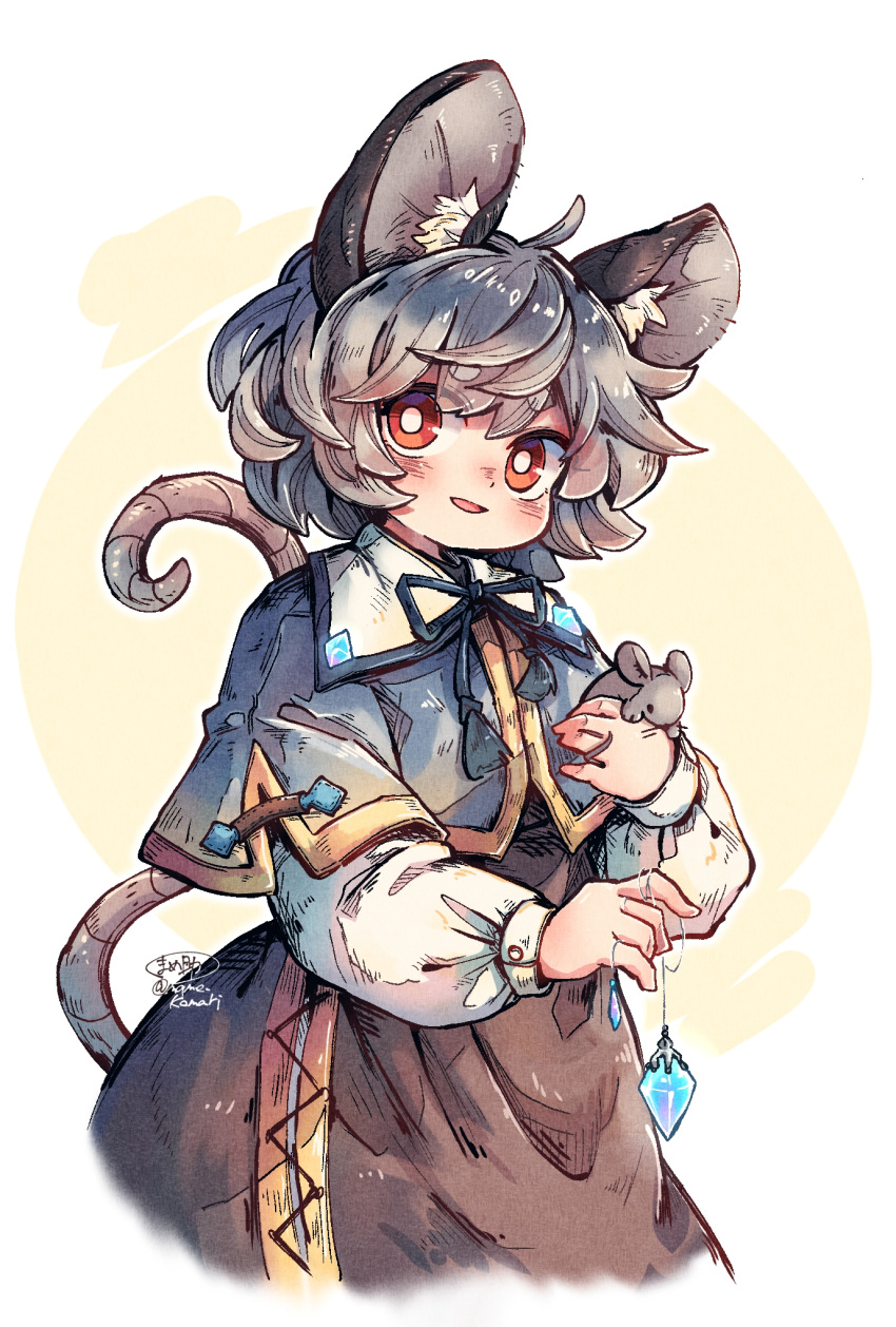 1girl ahoge animal animal_ears artist_name black_dress blue_capelet blush capelet dress grey_hair highres jewelry long_sleeves mame_komari mouse mouse_ears mouse_tail nazrin open_mouth pendant red_eyes shirt short_hair signature smile solo tail touhou twitter_username white_shirt