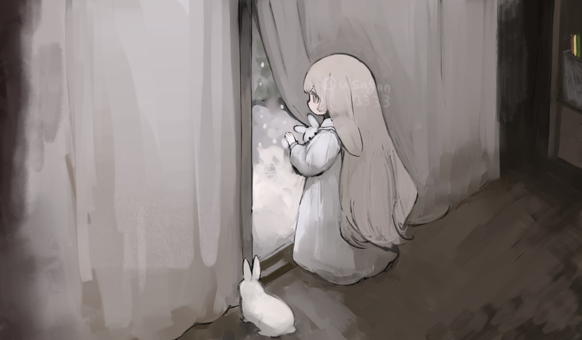 1girl animal animal_ears backlighting child curtain_grab curtains dark_room dress expressionless from_above from_behind grey_eyes grey_hair highres indoors long_dress long_hair long_sleeves looking_outside lop_rabbit_ears original rabbit rabbit_ears rabbit_girl shirokujira signature snowing solo standing stuffed_animal stuffed_rabbit stuffed_toy twitter_username white_dress window