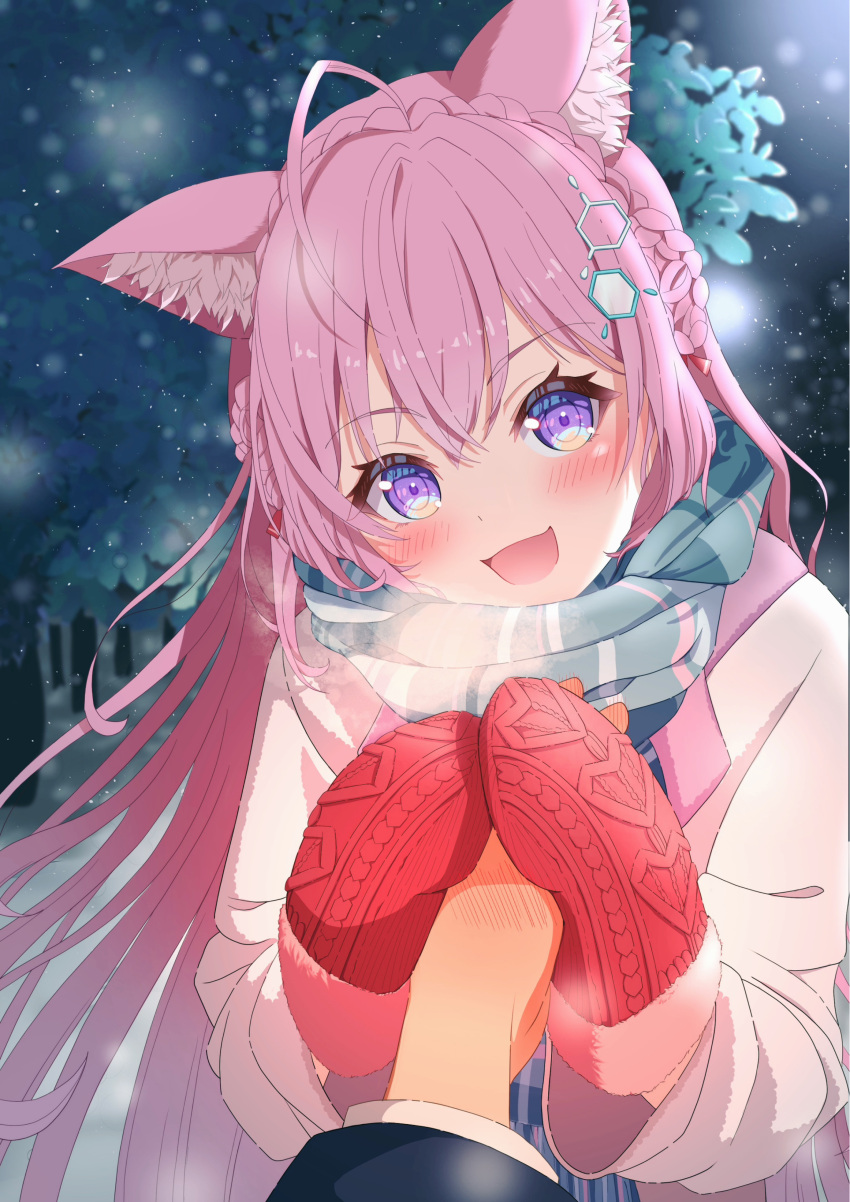 1girl absurdres alternate_costume animal_ear_fluff animal_ears blue_scarf blush braid breath coat commentary_request crown_braid gloves hakui_koyori hands_up hexagon_hair_ornament highres hololive long_hair long_sleeves mimo_(mimo_illust) night open_mouth outdoors pink_hair pov pov_hands red_gloves scarf sidelocks smile snowing solo_focus upper_body very_long_hair violet_eyes virtual_youtuber white_coat winter_clothes wolf_ears wolf_girl