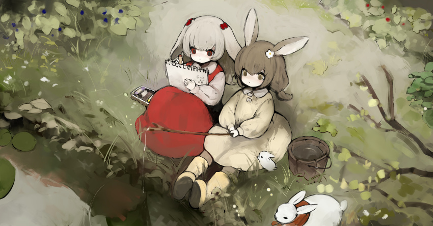 2girls animal animal_ears boots bow branch brown_eyes brown_hair bucket child crayon dress fishing fishing_rod flower from_above grass hair_bow hair_flower hair_ornament highres holding holding_crayon holding_fishing_rod holding_sketchbook long_dress long_hair long_sleeves lop_rabbit_ears lotus_leaf low_twintails multiple_girls nature on_ground original pinafore_dress pond rabbit rabbit_ears rabbit_girl red_bow red_dress red_eyes shirokujira signature sitting sketchbook sketching sleeveless sleeveless_dress tree twintails twitter_username water white_dress white_flower white_footwear white_rabbit_(animal) wooden_bucket